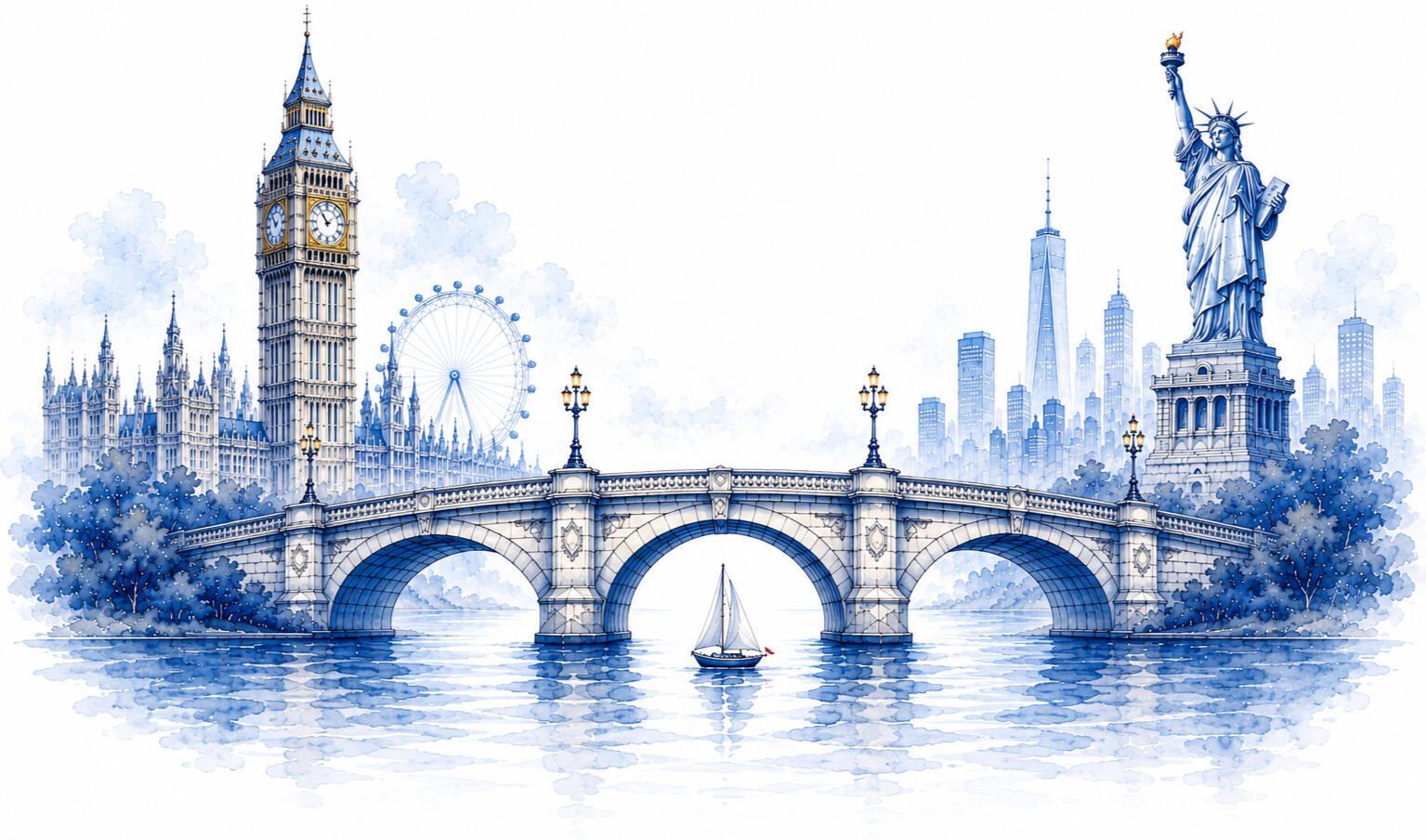Watercolor illustration connecting Britain and America with the Elizabeth Tower, London Eye, a stone bridge and the Statue of Liberty.
